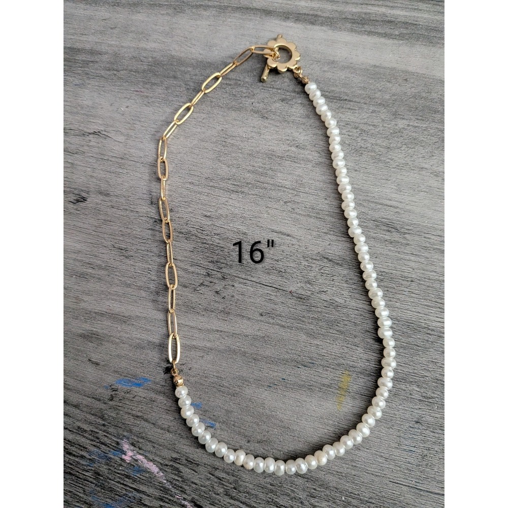 Gold Paperclip Chain and White Pearl Asymmetrical Toggle Necklace 16 Inch
